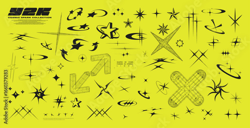 Y2K Aesthetic Symbols and Shapes on Neon Yellow Background. Set of futuristic Y2K-style symbols, arrows, stars, and abstract shapes in black on a neon yellow background. Vector graphic pack