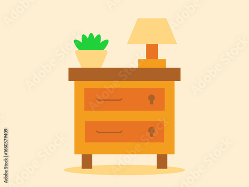 Flat Design Nightstand with Lamp and Potted Plant