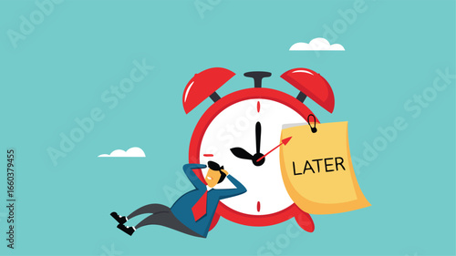 Procrastination or wasting work time with businessman sleeping leaning on an alarm clock with the word later written on paper sticky notes, delaying work or wasting time, laziness to do a task or job
