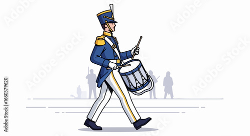 Soldier in historical uniform marching with a drum and drumsticks.