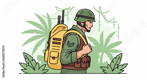 Military Soldier in Jungle Terrain Illustration.