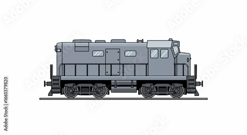 Side profile illustration of a classic gray diesel-electric road switcher locomotive.