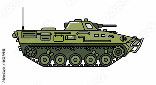 Side view illustration of a green military armored personnel carrier with a machine gun turret and caterpillar tracks.
