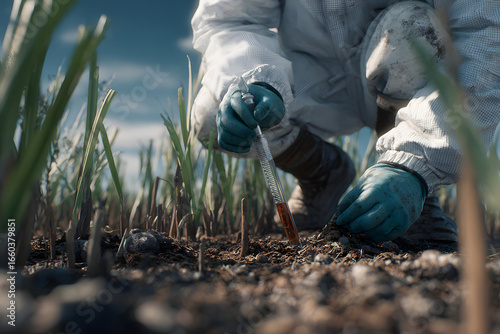 Scientist agriculture soil research field analysis test crop laboratory environment Conducting soil analysis agricultural field scientist protective clothing and gloves collects sample