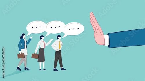 rejection in business, say no or disapprove, work conflict, decline or refuse in conversation, deny request, statement of disagreement, businessman hand reject or employee request or opinion
