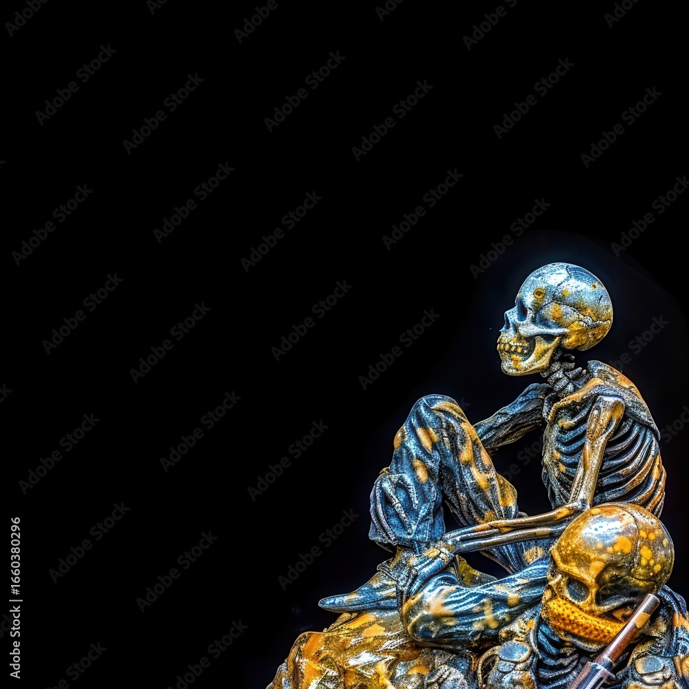 Golden Skeleton Figurine Display on Black Background Golden Skeleton Figurine Display on Black Background