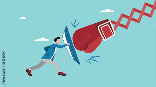 Business threat or problem, challenge or survive to win, survive and struggle to face business competition, defensive businessman using shield to face boxing glove with spring
