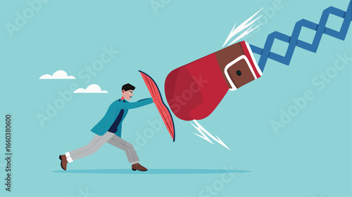 Business threat or problem, challenge or survive to win, survive and struggle to face business competition, defensive businessman using shield to face boxing glove with spring
