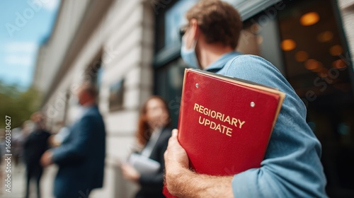 People Entering Government Building with Documents in Hands on a Bright Sunny Day