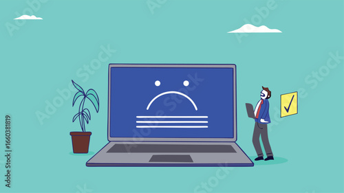computer outage or blue screen error, common computer problem or server down, incorrect software update, operating system crash or cyber attack, confused people with computer blue screen error
