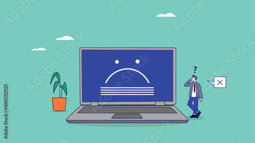 computer outage or blue screen error, common computer problem or server down, incorrect software update, operating system crash or cyber attack, confused people with computer blue screen error
