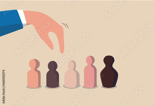 Recruitment and human resources, diversify teamwork, job opportunity or employee choosing or hiring person concept, corporate businessman hand choosing candidate with various skin color person dolls.