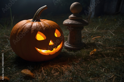 Halloween pumpkin with burning face in dark forest