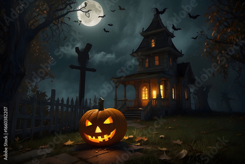 Old abandoned building in a sinister forest with bats flying around, moonlit night with a burning pumpkin in the foreground