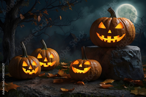 Pumpkins stand in fallen leaves Dark Moon Night Halloween