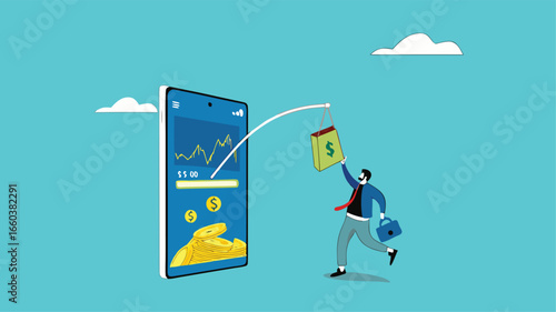 phone scam with fraud investment offers, social media crime with theft of personal data, happy man who is tempted by fake investment offers that are detrimental and threaten personal data
