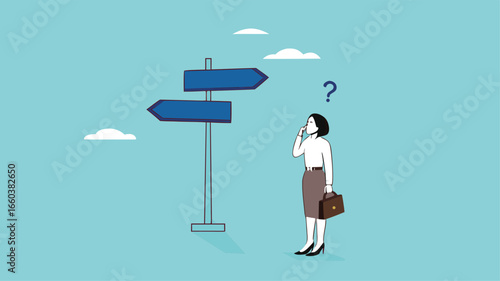 choose a new career path, confused businesswoman about choosing his career direction, make life decision choice, decide the right or wrong direction
