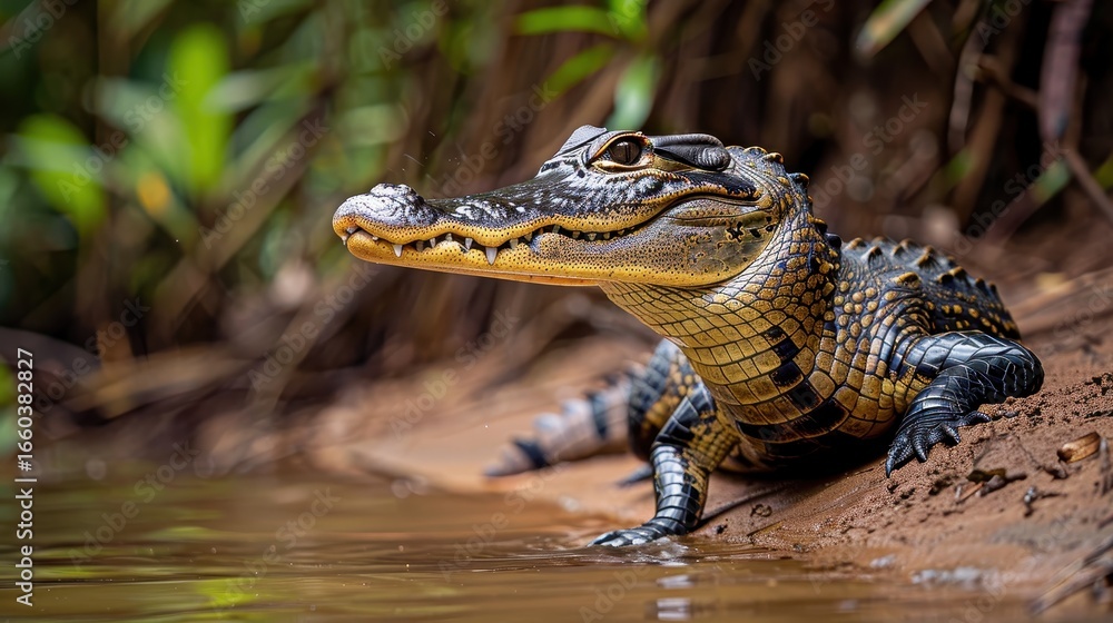 Naklejka premium Crocodile Resting on Bank of River Surrounded by Lush Greenery