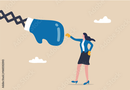 Woman power or feminism challenge, career competitive or gender equality concept, strong businesswoman executive wearing boxing glove fighting with big fist. 