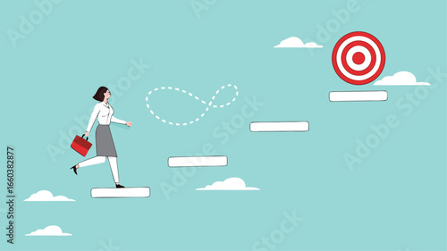 progress toward success or career success, journey to achieve target or business goal, personal development goal for work, way to achieve goal, businesswoman climbs the stairs towards her life's goals