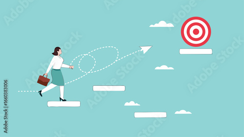 progress toward success or career success, journey to achieve target or business goal, personal development goal for work, way to achieve goal, businesswoman climbs the stairs towards her life's goals