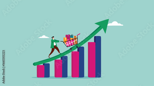 food price inflation, Inflation causing grocery price rising up, food or economic crisis that causes food prices rising up, Businessman push shopping carts filled with food items up the price chart
