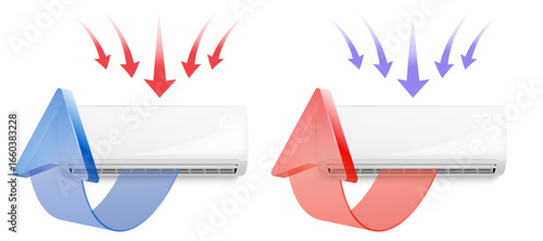 Air conditioner in two modes, blue for cooling and red for heating, with airflow illustration using arrow indicators