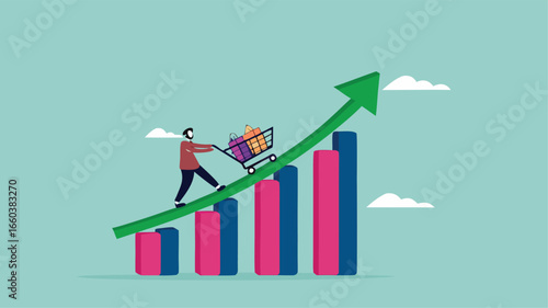 food price inflation, Inflation causing grocery price rising up, food or economic crisis that causes food prices rising up, Businessman push shopping carts filled with food items up the price chart
