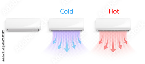 Air conditioner in cooling and heating modes, non-operational, with airflow direction illustration.