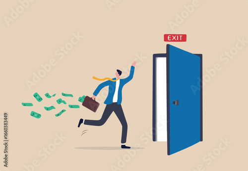 Escape or run away before market drop, market timing to sell and get profit, exit with money to avoid financial crisis concept, success businessman investor run away with his profit money to exit door