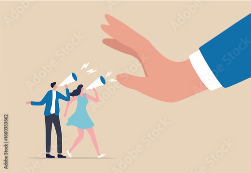 Freedom of speech, listen to employee opinion, work hierarchy boundary, censorship or inequality concept, company employee people shouting on megaphone to executive management big denied hand.