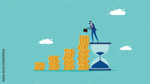 long term investment concept, Growth Earning From Compound Interest In Long Term Investing, businessman makes financial growth graph by stacking gold coins on top of hourglass vector illustration