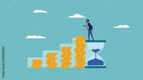 long term investment concept, Growth Earning From Compound Interest In Long Term Investing, businessman makes financial growth graph by stacking gold coins on top of hourglass vector illustration