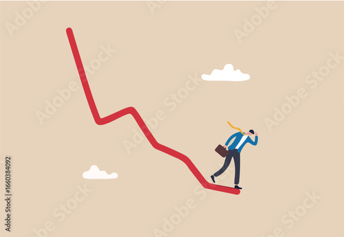 Economic recession, stock market plunge or falling down, cryptocurrency crash or financial crisis from inflation concept, businessman investor standing on falling down red graph look for bottom.