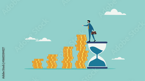 long term investment concept, Growth Earning From Compound Interest In Long Term Investing, businessman makes financial growth graph by stacking gold coins on top of hourglass vector illustration