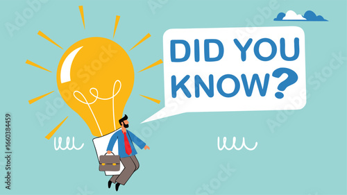 did you know? concept illustration, expert information, explanation or solution, businessman riding a light bulb idea balloon and using a megaphone with a speech bubble that says did you know?