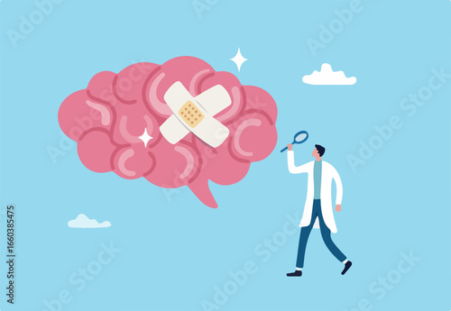 Mental health, depression or anxiety heal or recovery, psychotherapy, emotional intelligence, heal stress disease, mental wellbeing concept, doctor analyze cured mental illness brain with bandage. 
