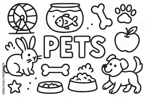 cute pets illustration with dog, rabbit, fish, and food bowls for kids and animal lovers