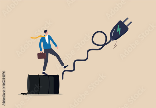 World transition from fossil oil energy to clean electric power, combustion car to EV concept, businessman investor or car owner step from oil gallon to stair case made of electric charger. 
