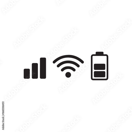 Simple black icons representing mobile signal strength wifi connectivity and battery level silhouette