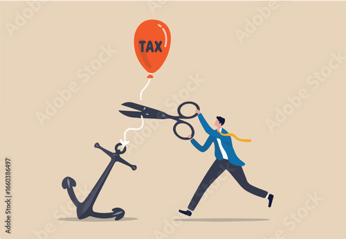 Government raising tax policy, increase income taxation payment in economic crisis concept, businessman government leader using scissors to cut rope on anchoring balloon with the word tax.