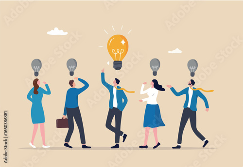 Solution expert solving problem or leader giving advise in meeting discussion, thinking for solution, creativity or professional to help, eureka moment concept, businessman with bright lightbulb.