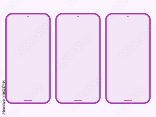 Three Minimalist Purple Smartphone Mockups for UI Display