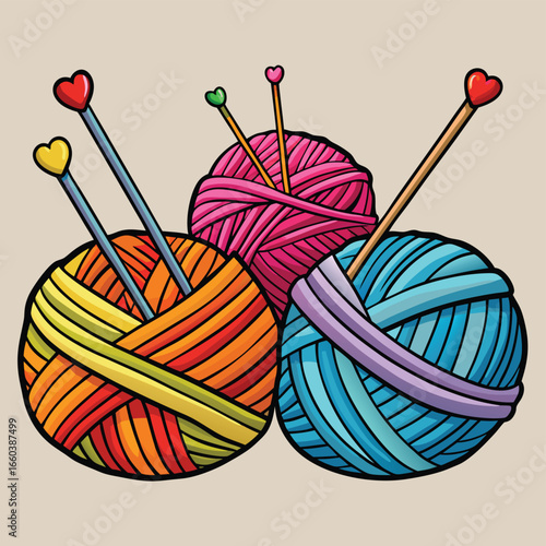 A ball of red wool yarn with a pair of knitting needles is isolated on a white background for a cozy hobby