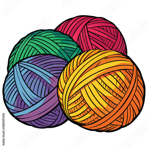 Colorful knitting yarn balls and threads for a crafting hobby, isolated on a white background