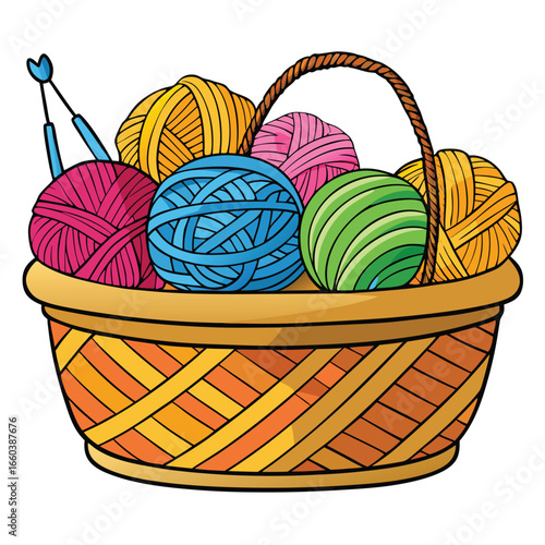 A vibrant basket filled with colorful yarn balls for knitting and crochet hobbies