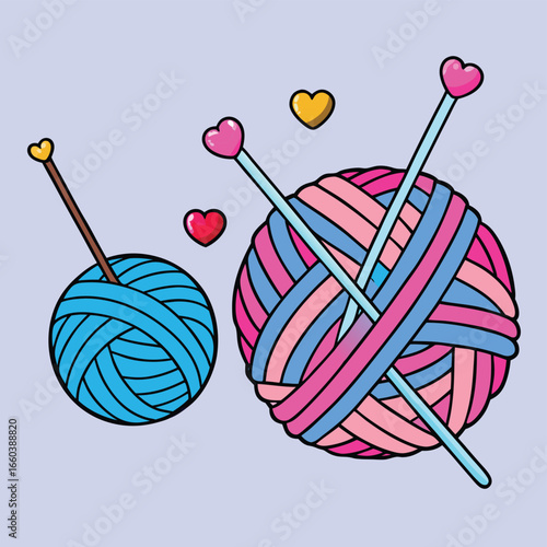 Pink woolen yarn with knitting needles