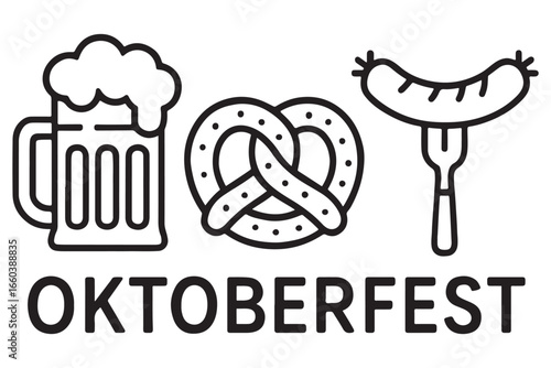Oktoberfest celebration icons beer mug, pretzel, sausage, and the festive event title for traditional German food, drinks, and culture.