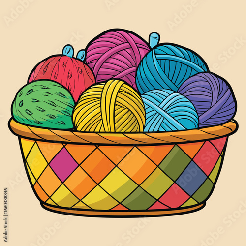 A vibrant basket of colorful yarn balls sits ready for any knitting or crochet craft