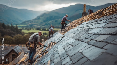 Wallpaper Mural Construction workers install slate roofing on a house in a mountainous area. The scene shows multiple men working on the roof under a cloudy sky. Torontodigital.ca